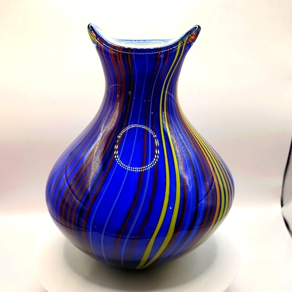 Blue Art Glass Vase w/Multi-colored Stripes